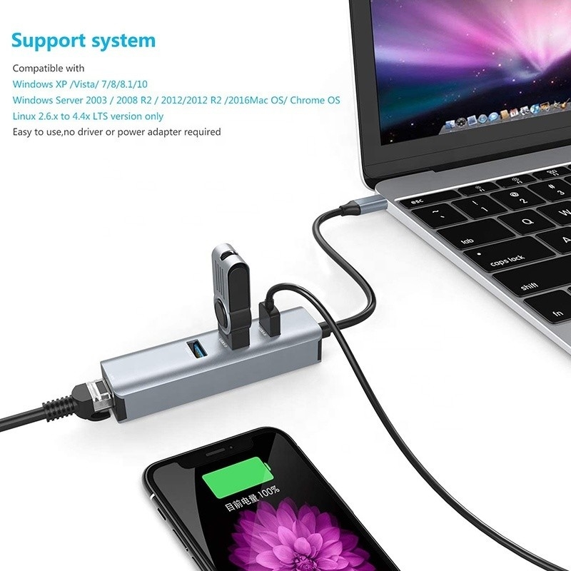 USB 3.1 อินเตอร์เฟสประเภท C ถึง 9 ท่าทาง USB A 3.0 แอดป์เตอร์พร้อมบัตรเครือข่าย Ethernet Gigabit RJ45 สีเทา