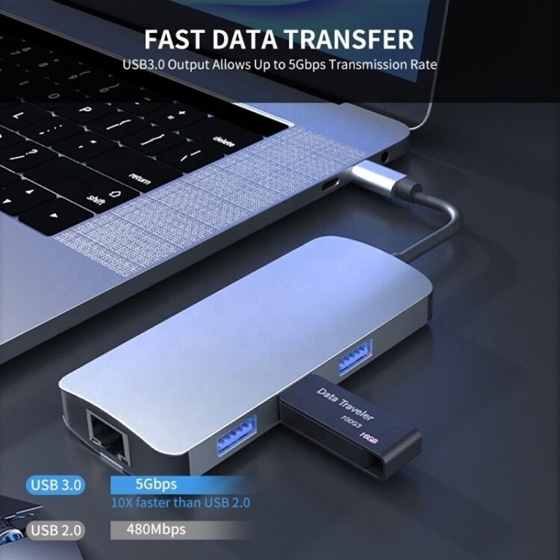 6 ใน 1 USB A Hub 4K HDMI USB3.0 RJ45 1000Mbps PD แอดป์เตอร์การชาร์จ
