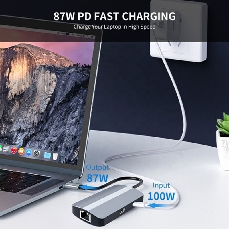 6 ใน 1 USB A Hub 4K HDMI USB3.0 RJ45 1000Mbps PD แอดป์เตอร์การชาร์จ