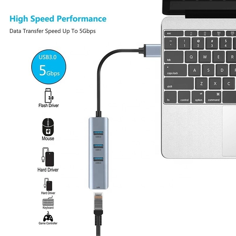 USB 3.0 ถึง 6 Port USB Hub และ 1000Mbps Ethernet Adapter สําหรับความเหมาะสมชาย-หญิง