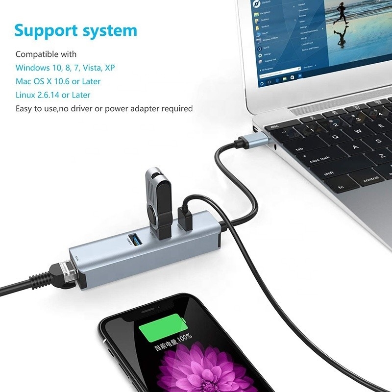 USB 3.0 ถึง 6 Port USB Hub และ 1000Mbps Ethernet Adapter สําหรับความเหมาะสมชาย-หญิง