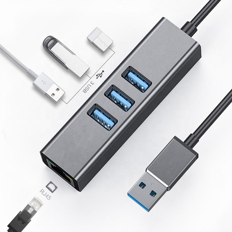 สีเทา USB3.0 ฮับและ RJ45 Lan Adapter กับ 3 USB Port การ์ดเครือข่าย Gigabit Ethernet