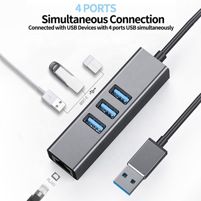 สีเทา USB3.0 ฮับและ RJ45 Lan Adapter กับ 3 USB Port การ์ดเครือข่าย Gigabit Ethernet