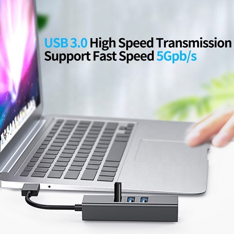 สีเทา USB3.0 ฮับและ RJ45 Lan Adapter กับ 3 USB Port การ์ดเครือข่าย Gigabit Ethernet