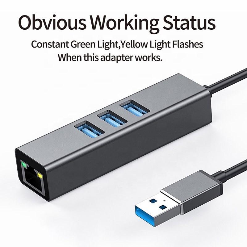 สีเทา USB3.0 ฮับและ RJ45 Lan Adapter กับ 3 USB Port การ์ดเครือข่าย Gigabit Ethernet