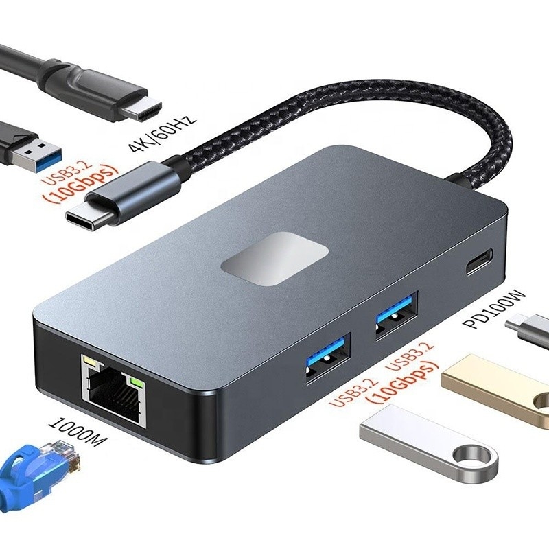8-in-1 Multiport Adapter USB-C Hub พร้อม HDMI 3 USB3.0 RJ45 และ PD Output 5-8 Port