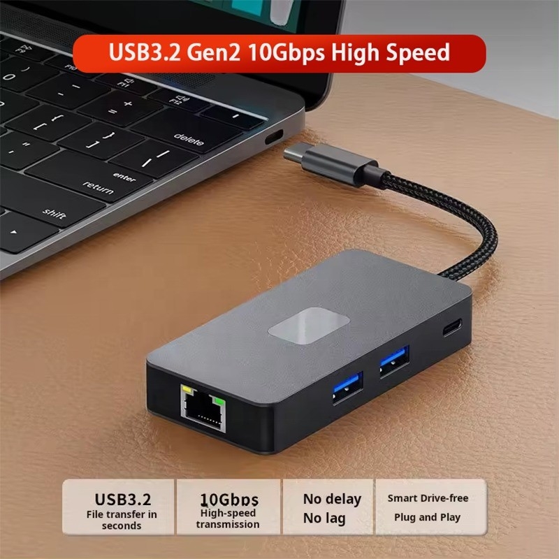 8-in-1 Multiport Adapter USB-C Hub พร้อม HDMI 3 USB3.0 RJ45 และ PD Output 5-8 Port