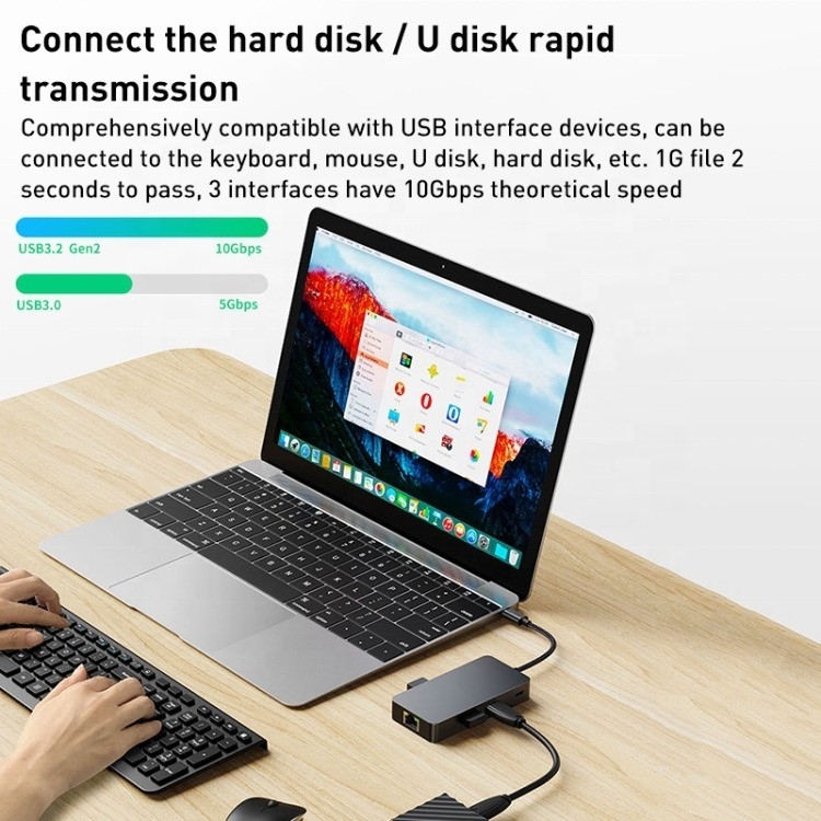 8-in-1 Multiport Adapter USB-C Hub พร้อม HDMI 3 USB3.0 RJ45 และ PD Output 5-8 Port