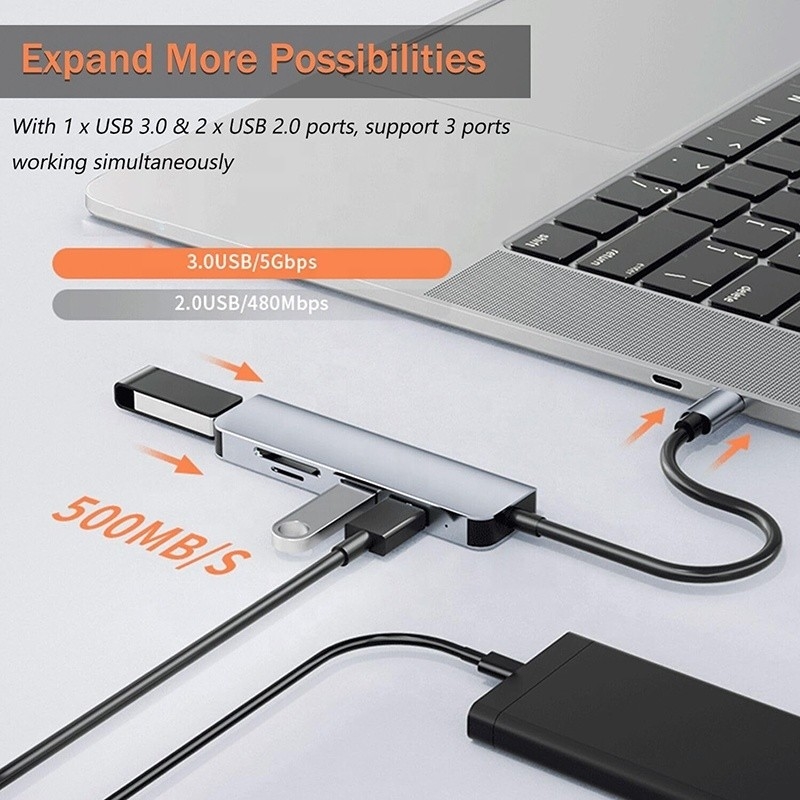 USB A/C Input USB 3.0 Type C Multiport Adapter Docking Station พร้อมเครื่องอ่านการ์ด SD/TF