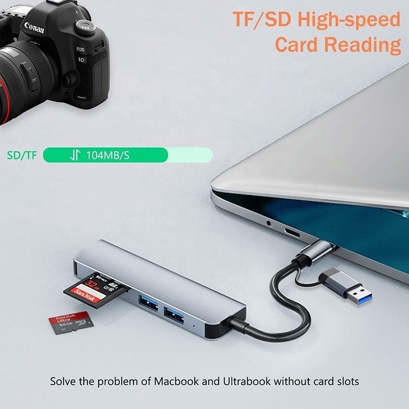 USB A/C Input USB 3.0 Type C Multiport Adapter Docking Station พร้อมเครื่องอ่านการ์ด SD/TF