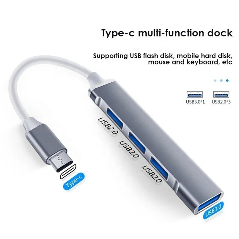 อลูมิเนียม 4 ท่าทาง USB Type-C เป็น USB 3.0 2.0 Data Hub สําหรับการโอนข้อมูลความเร็วสูง