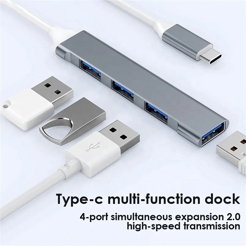 อลูมิเนียม 4 ท่าทาง USB Type-C เป็น USB 3.0 2.0 Data Hub สําหรับการโอนข้อมูลความเร็วสูง