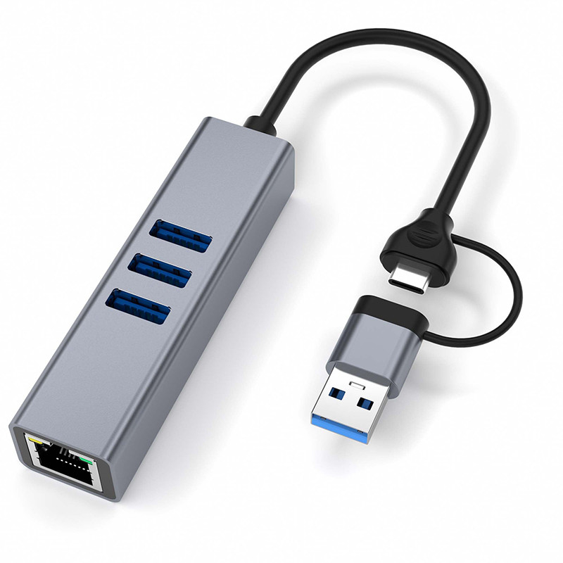 USB Type C LAN Adapter 6-in-2 USB C Hub พร้อม 3 สาย USB 3.0 และ RJ45 Gigabit LAN Interface