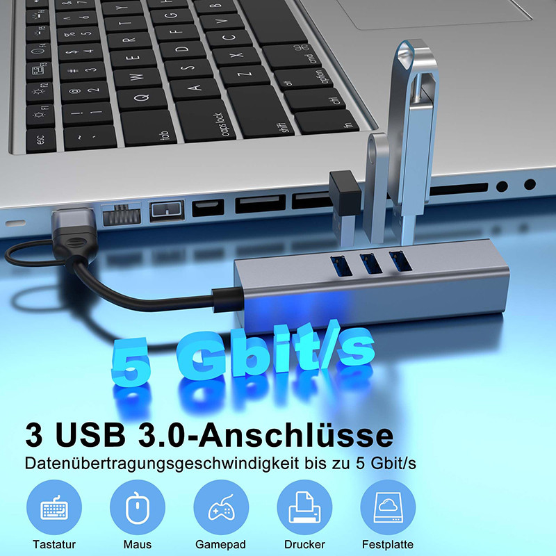 USB Type C LAN Adapter 6-in-2 USB C Hub พร้อม 3 สาย USB 3.0 และ RJ45 Gigabit LAN Interface