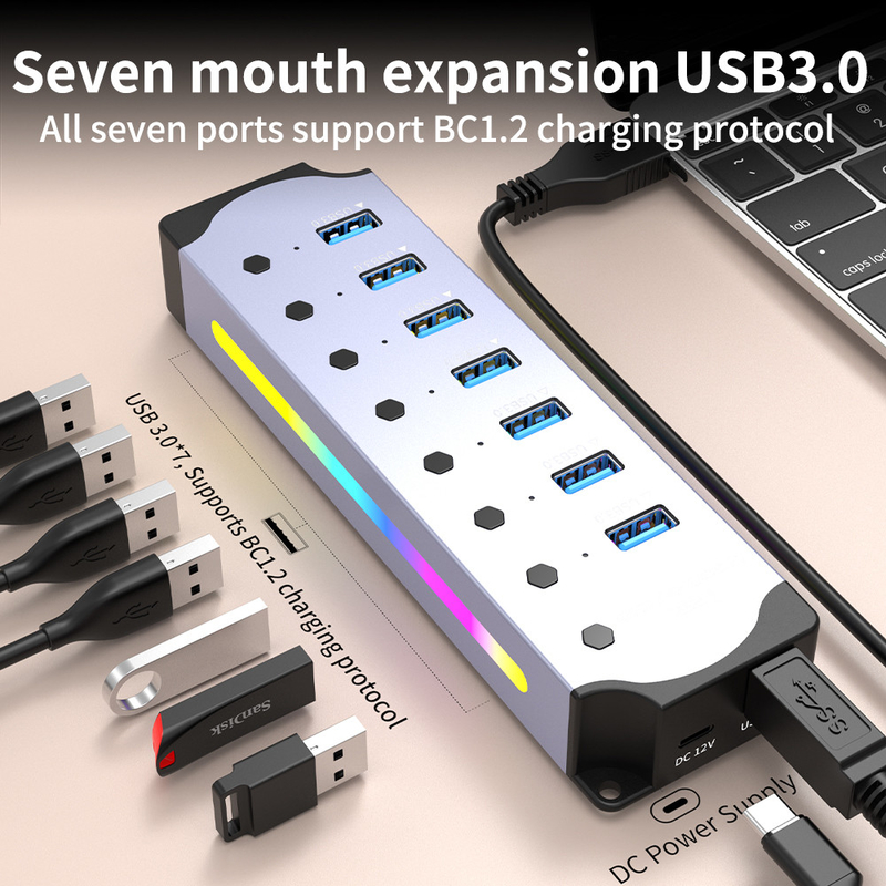 โลโก้ที่กําหนดเอง ยอมรับความเร็ว USB 3.0 ฮับ 7 Port และ Aluminum Alloy Design