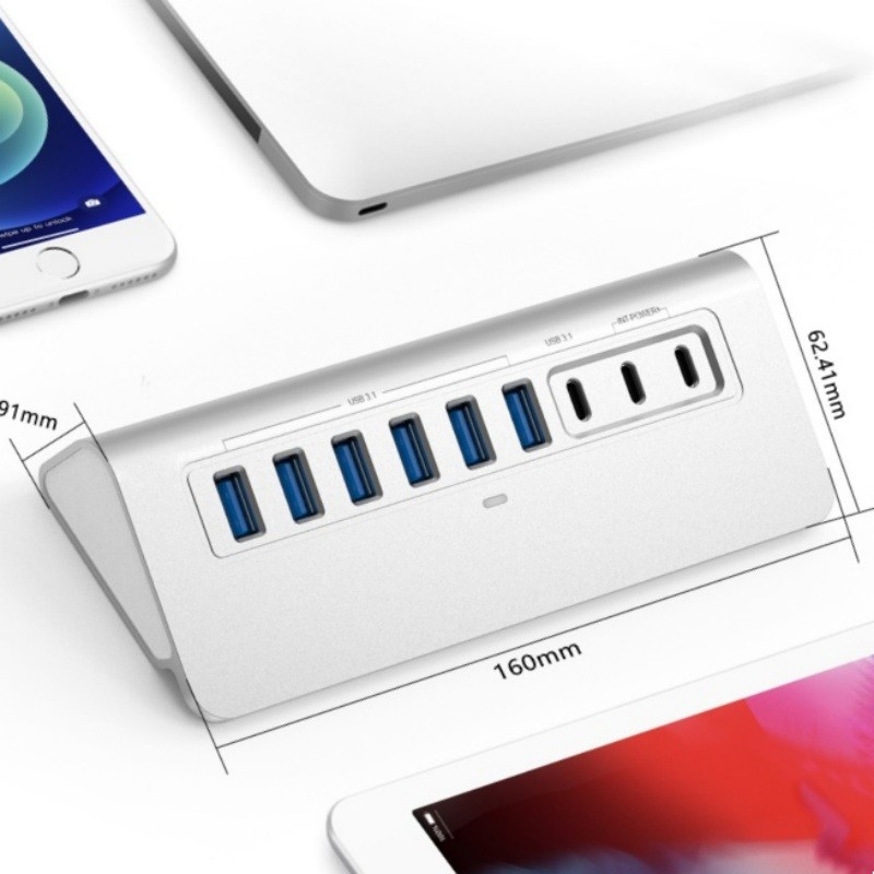 10 Port USB C Hub พกพา USB C Hub ประเภท C ถึง 4 Port USB A สําหรับ PC แท็บเล็ต