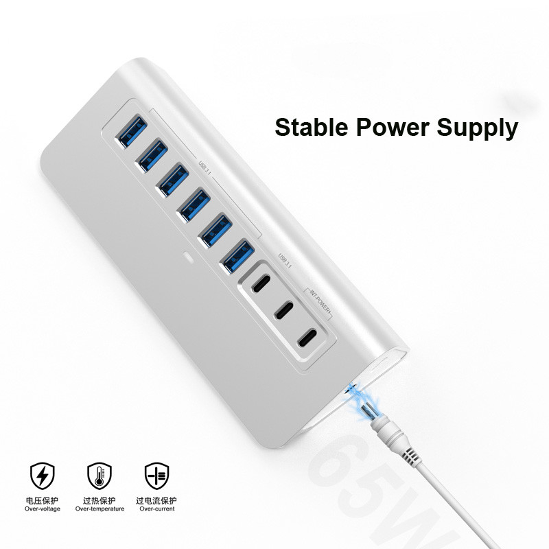 10 Port USB C Hub พกพา USB C Hub ประเภท C ถึง 4 Port USB A สําหรับ PC แท็บเล็ต
