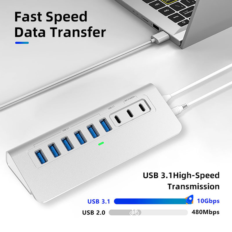 10 Port USB C Hub พกพา USB C Hub ประเภท C ถึง 4 Port USB A สําหรับ PC แท็บเล็ต