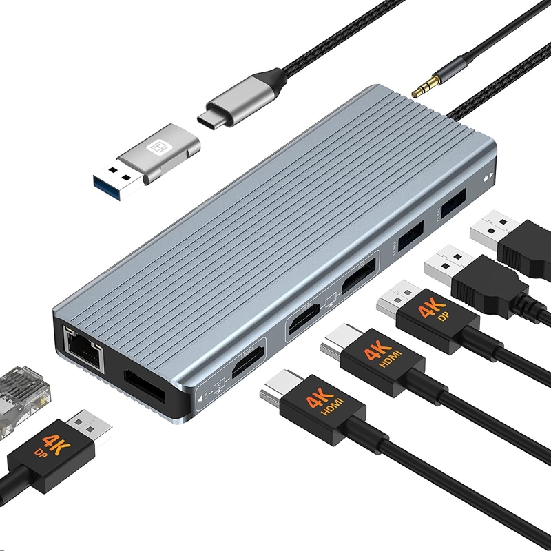 การเชื่อมต่อที่เพิ่มเติม 12 ใน 1 USB C Type-C Hub Multiport Dock Station ด้วย HDMI สองสาย