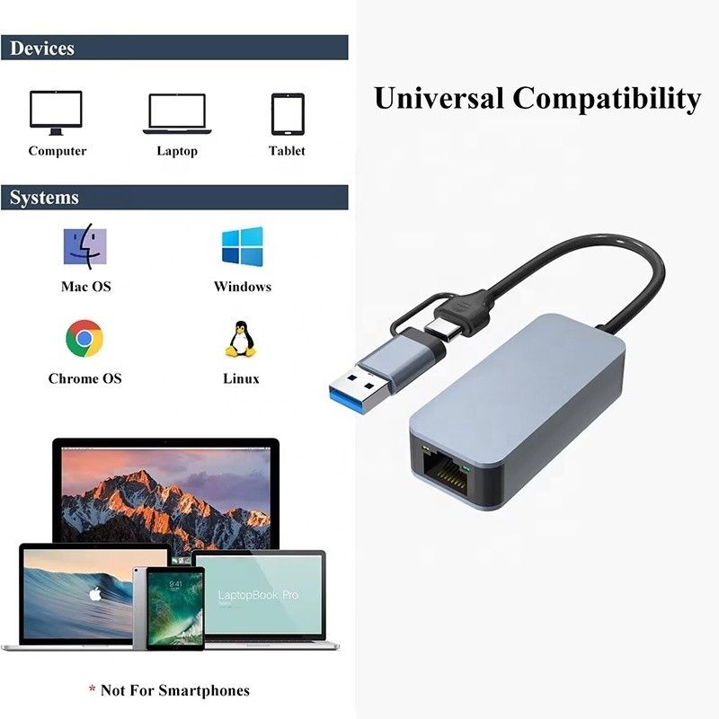 2 ใน 1 อลูมิเนียม USB 3.0 Type C Ethernet Adapter สําหรับเชื่อมต่อเครือข่ายที่รวดเร็วและมั่นคง