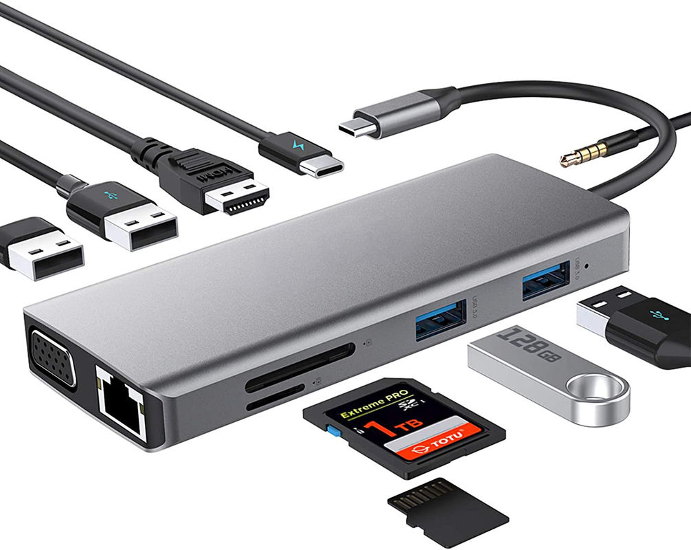 10 ใน 1 USB C Hub To Dual HDMI 4K 60Hz Adapter Dock กับ USB 3.0 Ethernet RJ45 1000Mbps