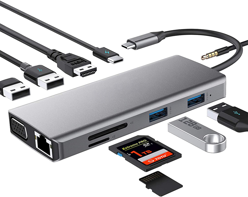 USB C Hub Type-C เป็น USB 3.0 HDMI VGA RJ45 Lan SD TF ออดิโอ USB Grey Multiport Adapter