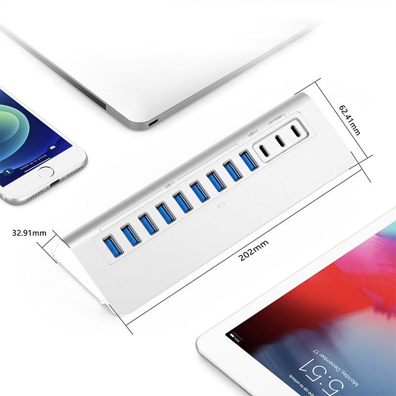 USB Type-C Hub พร้อมพอร์ตประเภท C และวัสดุจากสแตนเลสอลูมิเนียม