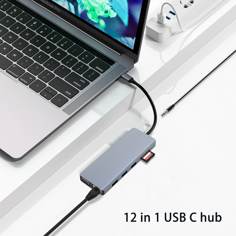 เครื่องเชื่อมสีเทา USB 3.0 Inthernet RJ45 HDMI 4K 12 In 1 Usb C Hub